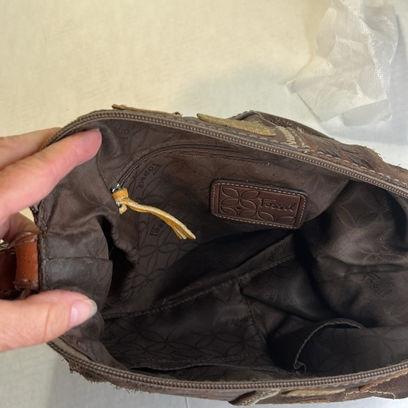 FOSSEL MULTICOLOR BOHO BROWN SUEDE LEATHER WOVEN STRAP SHOULDER BAG - Picture 9 of 16